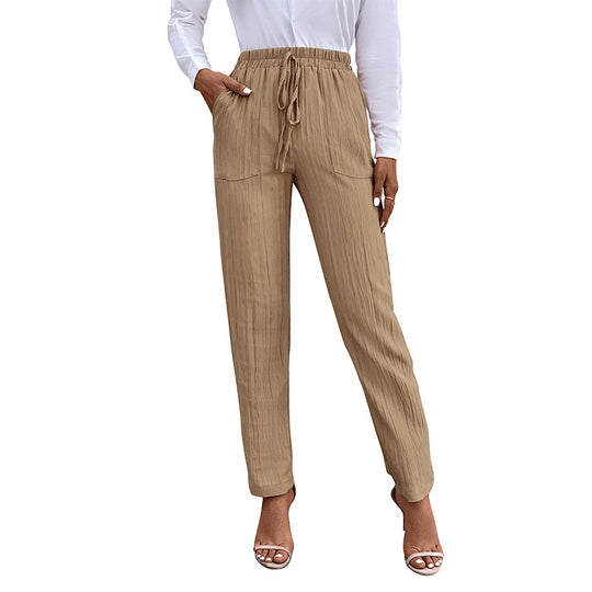 Damen Leichte Crinkle-Hose mit hohem Elastikbund, Tunnelzug und aufgesetzten Taschen Nord Taschen
