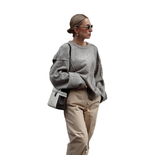 Damen Oversize Strukturstrick-Pullover mit überlangen Ballonärmeln und Rundhalsausschnitt Nord Taschen