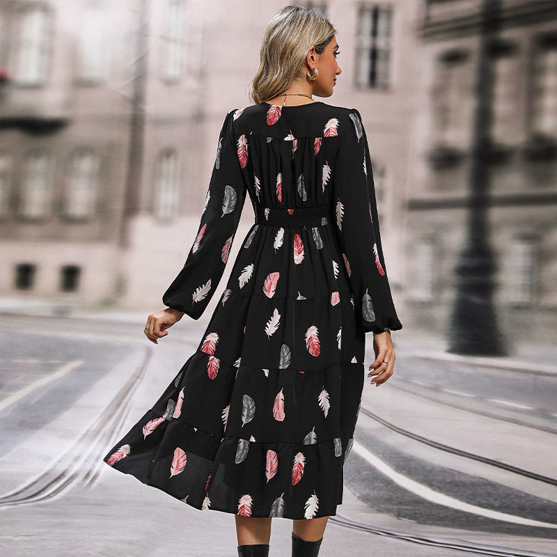 Damen Langarm Kleid mit Federprint Nord Taschen
