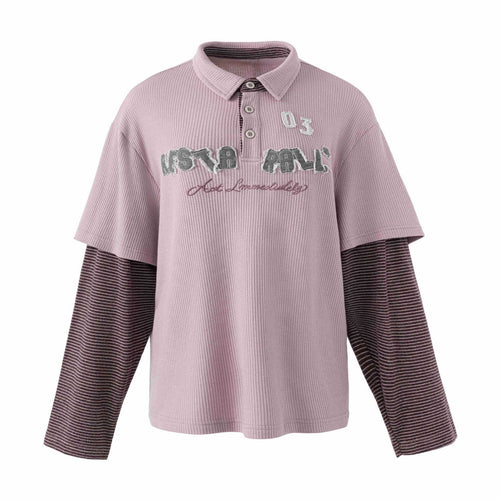 Damen Lässiges Layered-Polo-Shirt mit Rippenstruktur und gestreiften Einsatzärmeln Nord Taschen