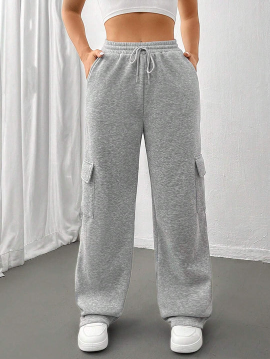 Damen Cargo-Jogginghose mit hohem Elastikbund, Kordelzug und weitem Bein Nord Taschen