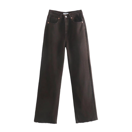 Damen Hochtaillierte weit geschnittene Jeans mit weitem Bein, hoher Taille und rohem Saum Nord Taschen