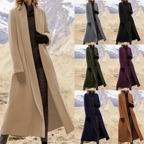 Damen eleganter langer Wollmix-Mantel mit offenem Fall und seitlichen Eingrifftaschen Nord Taschen