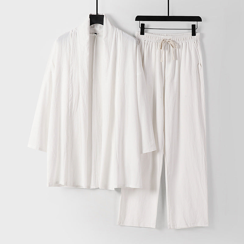 Unisex Lässiges Kimono-Zweiteiler aus atmungsaktivem Leinen-Viskose mit offenem Schalkragen und Kordelbundhose Nord Taschen