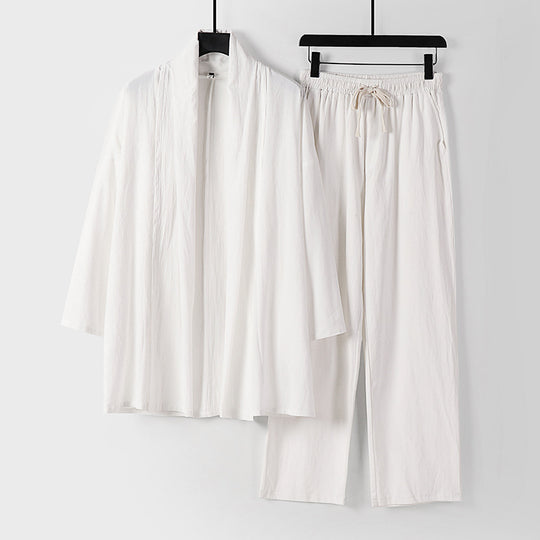 Unisex Lässiges Kimono-Zweiteiler aus atmungsaktivem Leinen-Viskose mit offenem Schalkragen und Kordelbundhose Nord Taschen