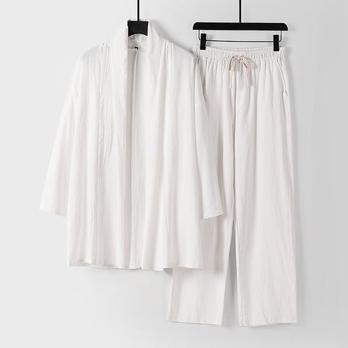 Unisex Lässiges Kimono-Zweiteiler aus atmungsaktivem Leinen-Viskose mit offenem Schalkragen und Kordelbundhose Nord Taschen