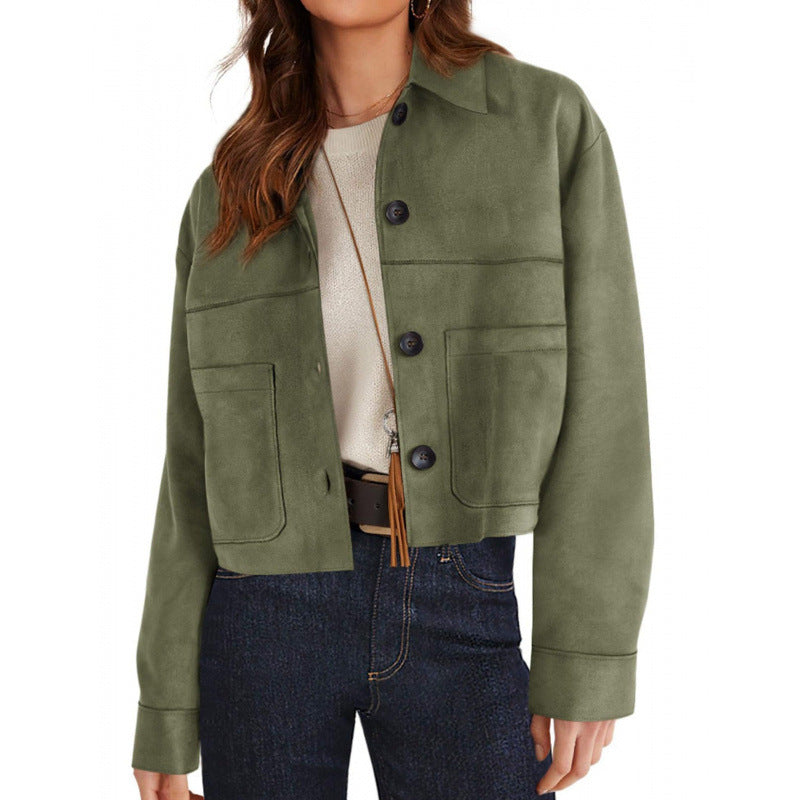 Damen kurze Wildleder-Optik Jacke mit aufgesetzten Taschen und Hemdkragen Nord Taschen