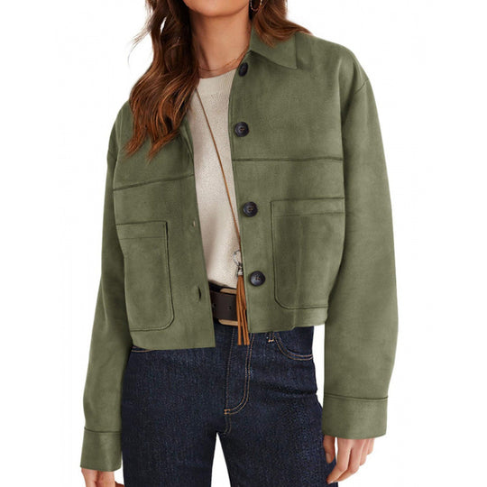 Damen kurze Wildleder-Optik Jacke mit aufgesetzten Taschen und Hemdkragen Nord Taschen