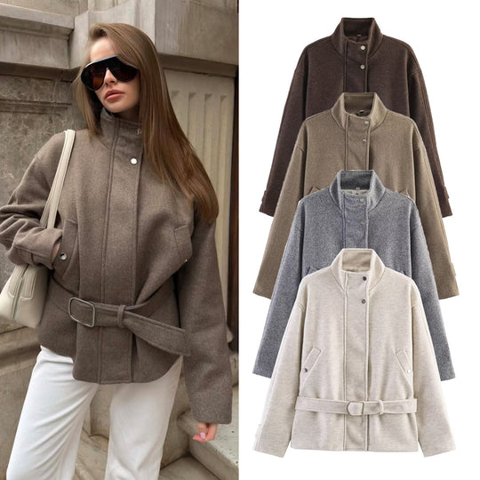 Damen Gekürzte Wollmix-Jacke mit Stehkragen, Taillengürtel und Druckknopfverschluss Nord Taschen
