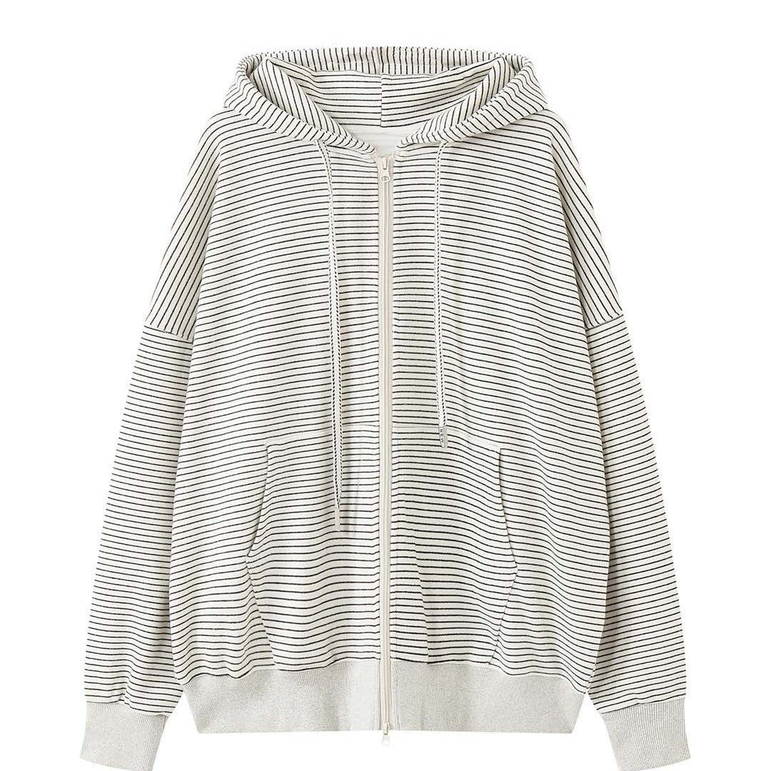 Damen Oversize Kapuzenjacke mit Reißverschluss und feinem Streifenmuster Nord Taschen
