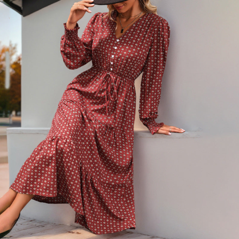 Damen Midikleid im Boho-Stil mit V-Ausschnitt, durchgehender Knopfleiste, Kordel-Taille und mehrstufigem Volantrock Nord Taschen