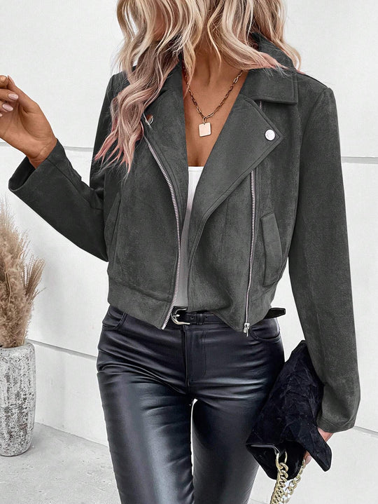 Damen Stylische Bikerjacke aus Kunstleder mit asymmetrischem Reißverschluss