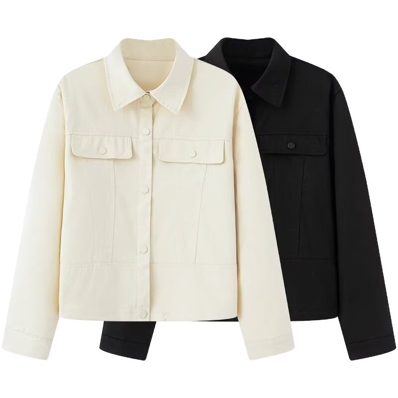 Damen Kurz geschnittene Boxy-Overshirtjacke aus veganer Lederoptik mit Pattentaschen und Druckknopfverschluss Nord Taschen