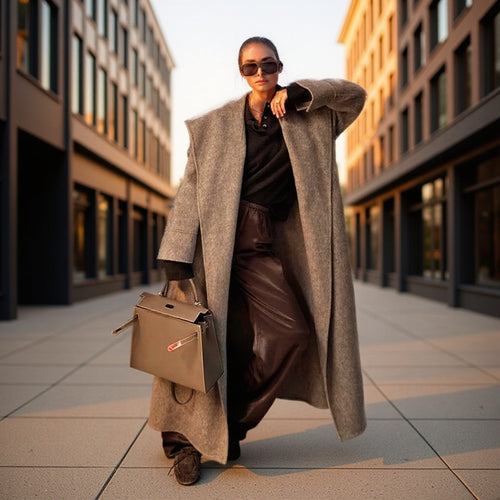 Damen Oversize Wollmix‑Mantel mit Schalkragen und lässiger Maxilänge Nord Taschen