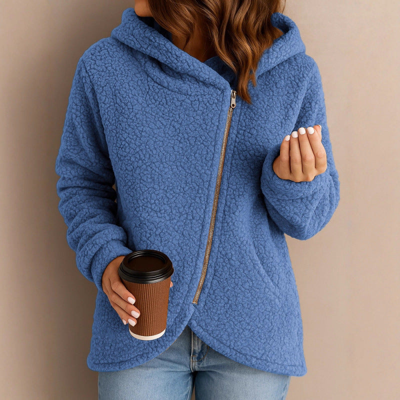 Damen Teddy-Fleecejacke mit asymmetrischem Reißverschluss, Kapuze und gewelltem Saum Nord Taschen