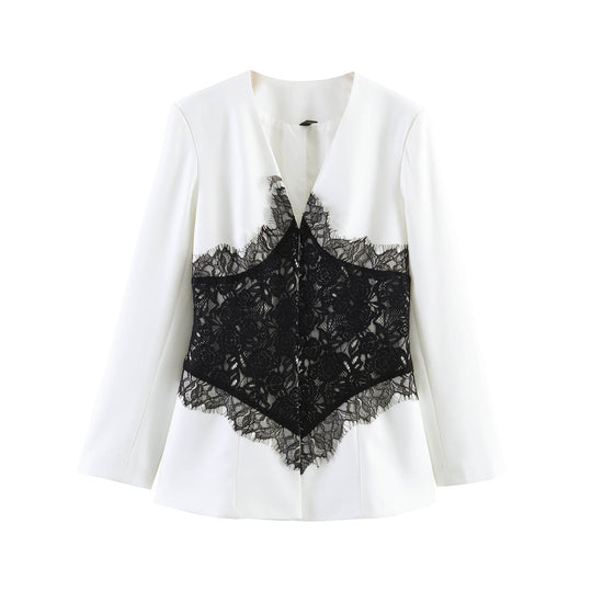 Damen Taillierter Blazer mit V-Ausschnitt und kontrastierender Spitze Nord Taschen