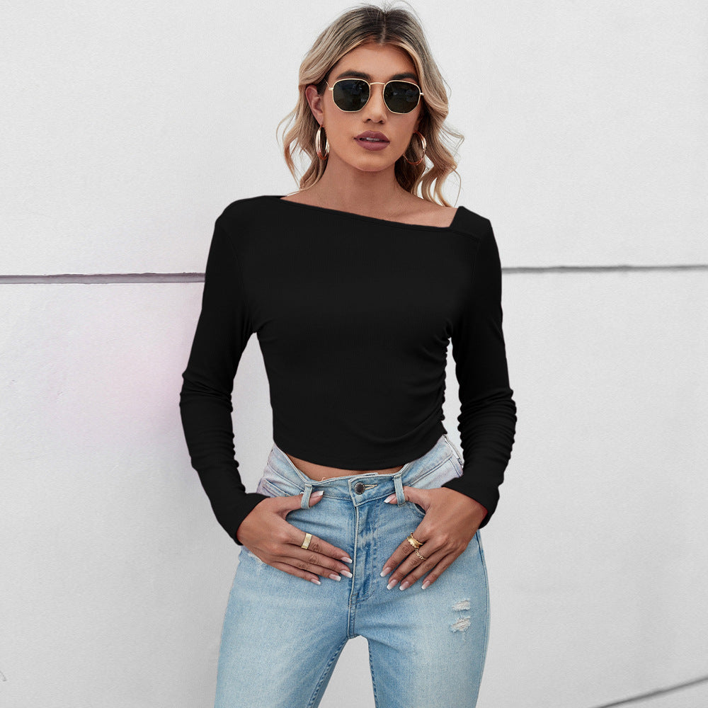 Damen figurbetontes geripptes Langarm-Cropped-Top mit asymmetrischer Schulterlinie und taillierter Stretch-Passform Nord Taschen