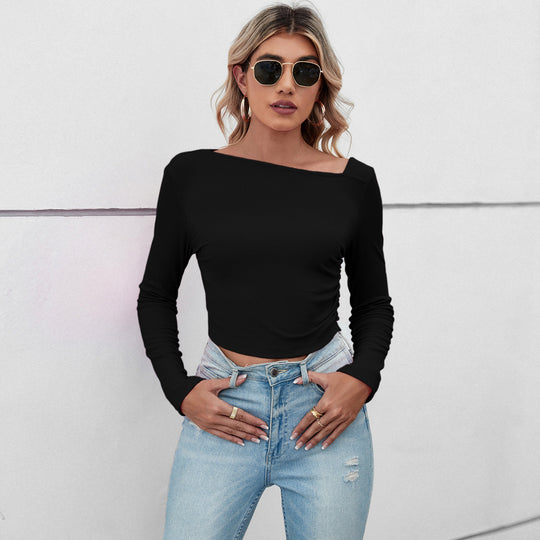 Damen figurbetontes geripptes Langarm-Cropped-Top mit asymmetrischer Schulterlinie und taillierter Stretch-Passform Nord Taschen