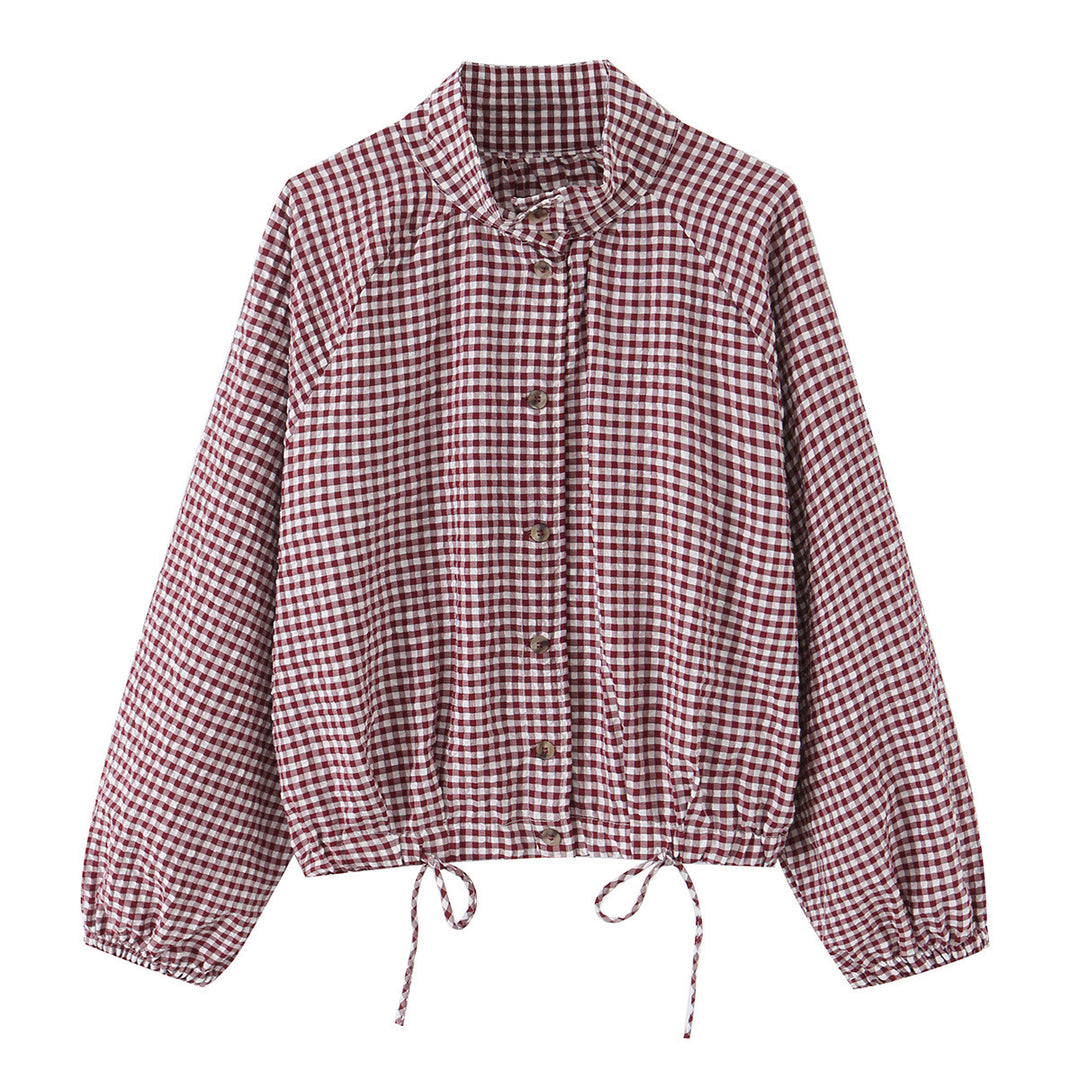 Damen Karierter Gingham-Blouson mit Tunnelzug-Saum, Raglanärmeln und Stehkragen Nord Taschen