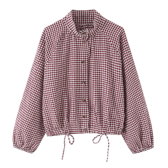 Damen Karierter Gingham-Blouson mit Tunnelzug-Saum, Raglanärmeln und Stehkragen Nord Taschen