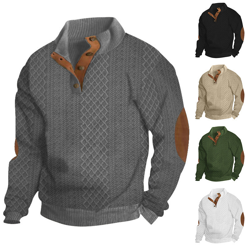 Herren Strukturierter Aran-Strickpullover mit halbem Knopfleistenkragen und Leder-Ellbogenpatches Nord Taschen