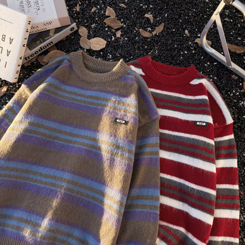 Unisex Gestreifter Oversize-Mohair‑Optik Pullover mit Rundhals und weicher Struktur Nord Taschen