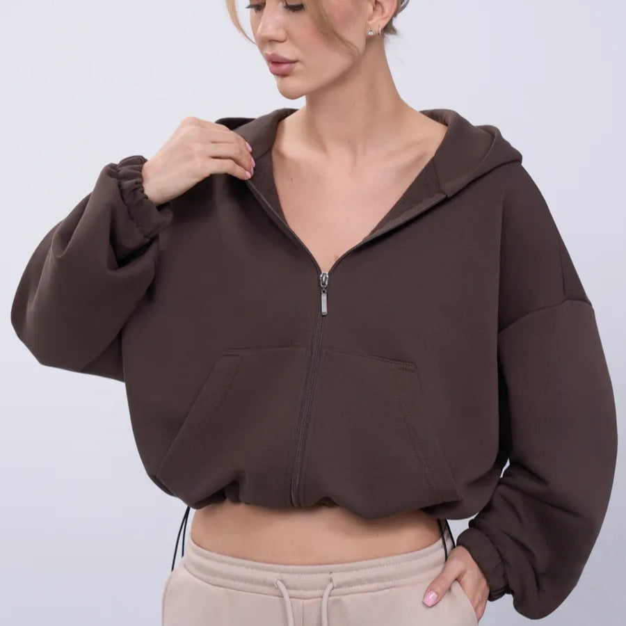 Damen legeres Cropped-Fleece-Hoodie mit Tunnelzugbund, Raglanärmeln und Reißverschluss Nord Taschen