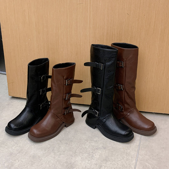 Damen Wadenhohe Stiefel mit dreifacher Gürtelschnalle und profilierter Plateausohle Nord Taschen