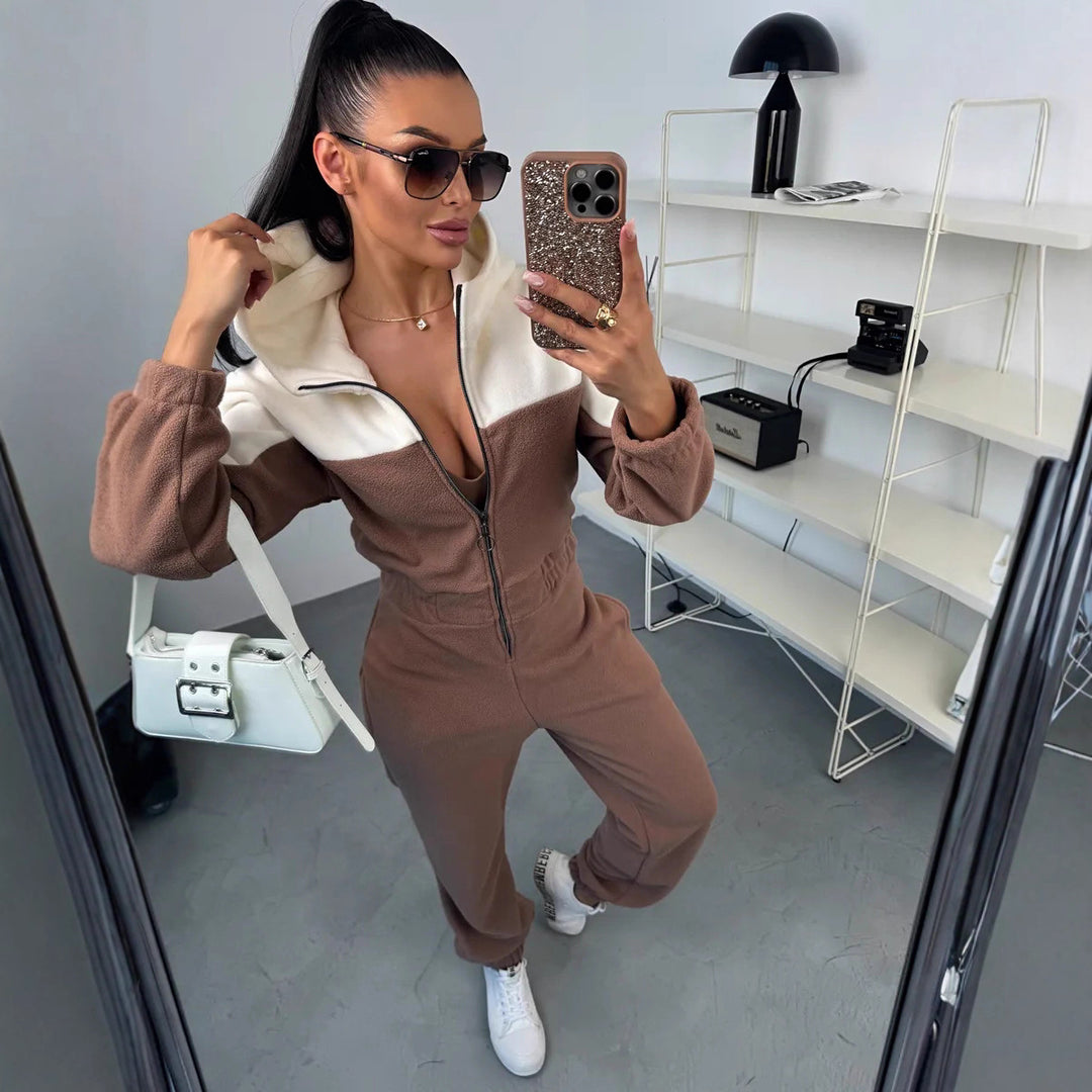 Damen gemütlicher Fleece-Overall mit Kapuze, durchgehendem Reißverschluss und elastischen Bündchen Nord Taschen