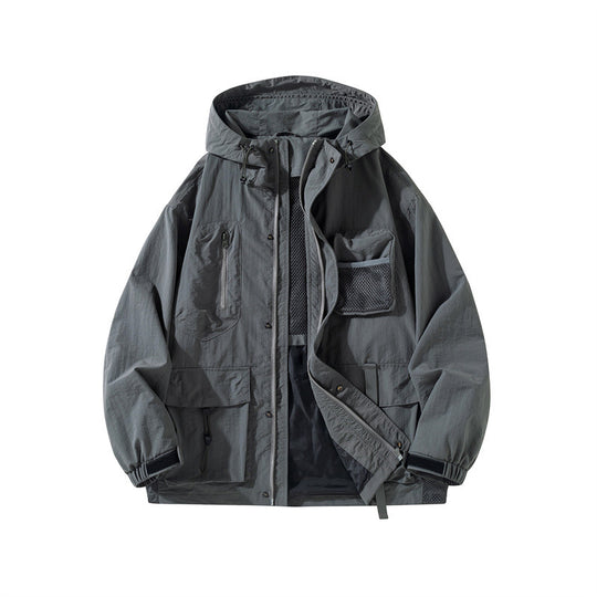 Herren Technische Utility-Outdoorjacke mit Kapuze Multifunktionstaschen und Mesh-Innenfutter Nord Taschen