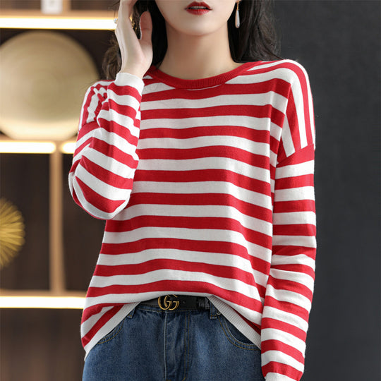 Damen Maritim-inspiriertes gestreiftes Feinstrick-Shirt mit weitem Boot-Ausschnitt und Kontrastkante Nord Taschen