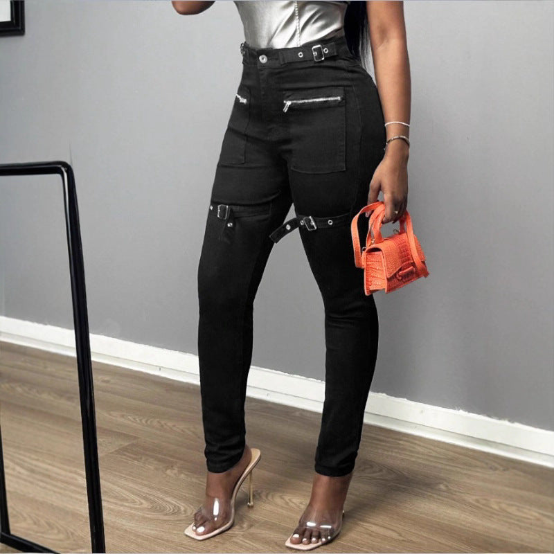 Damen High-Waist Skinny-Jeans mit Zier-Reißverschlüssen, aufgesetzten Taschen und Gurt-Dekor Nord Taschen