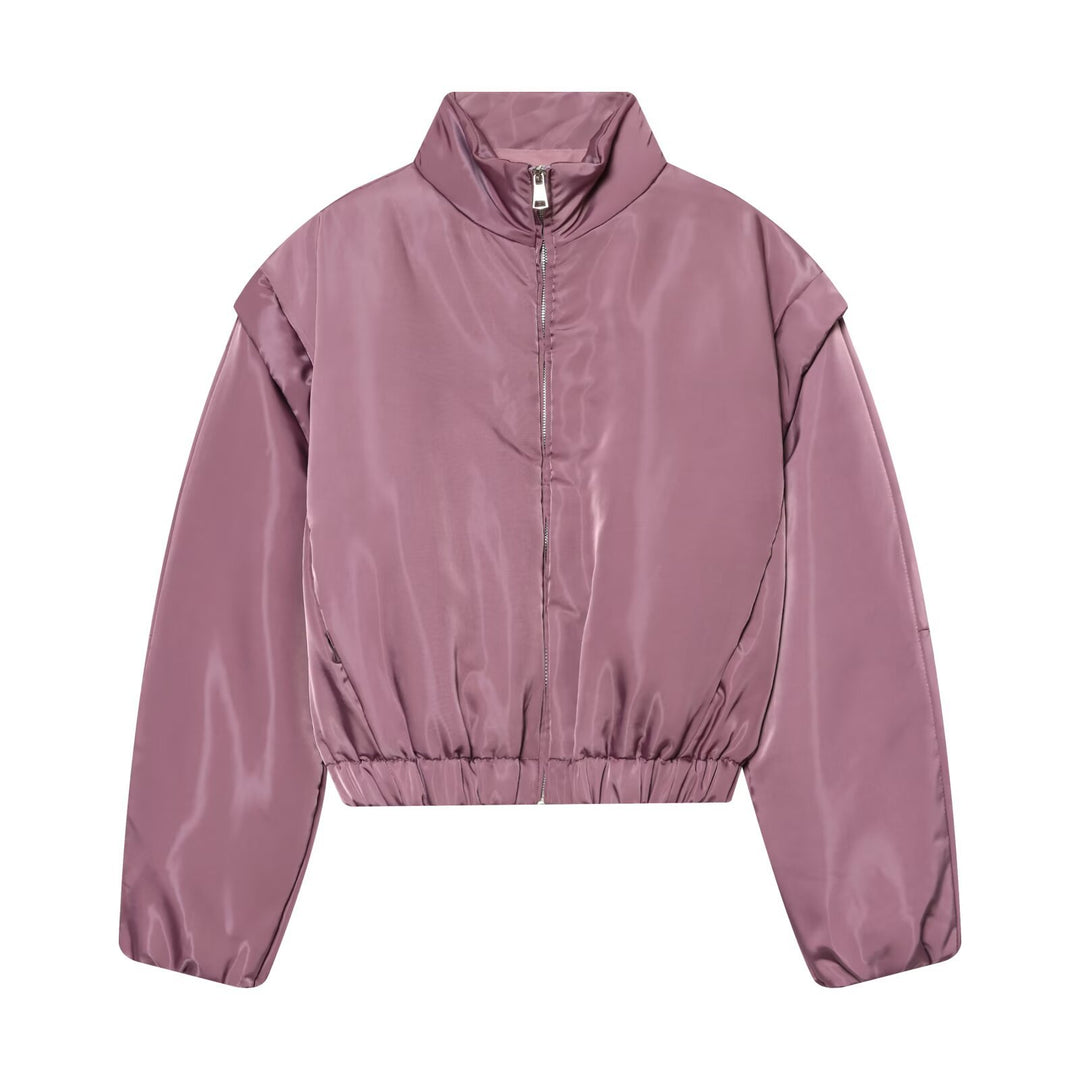 Damen Glänzende Cropped Bomberjacke mit Stehkragen und elastischem Bund Nord Taschen