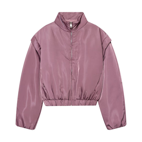 Damen Glänzende Cropped Bomberjacke mit Stehkragen und elastischem Bund Nord Taschen