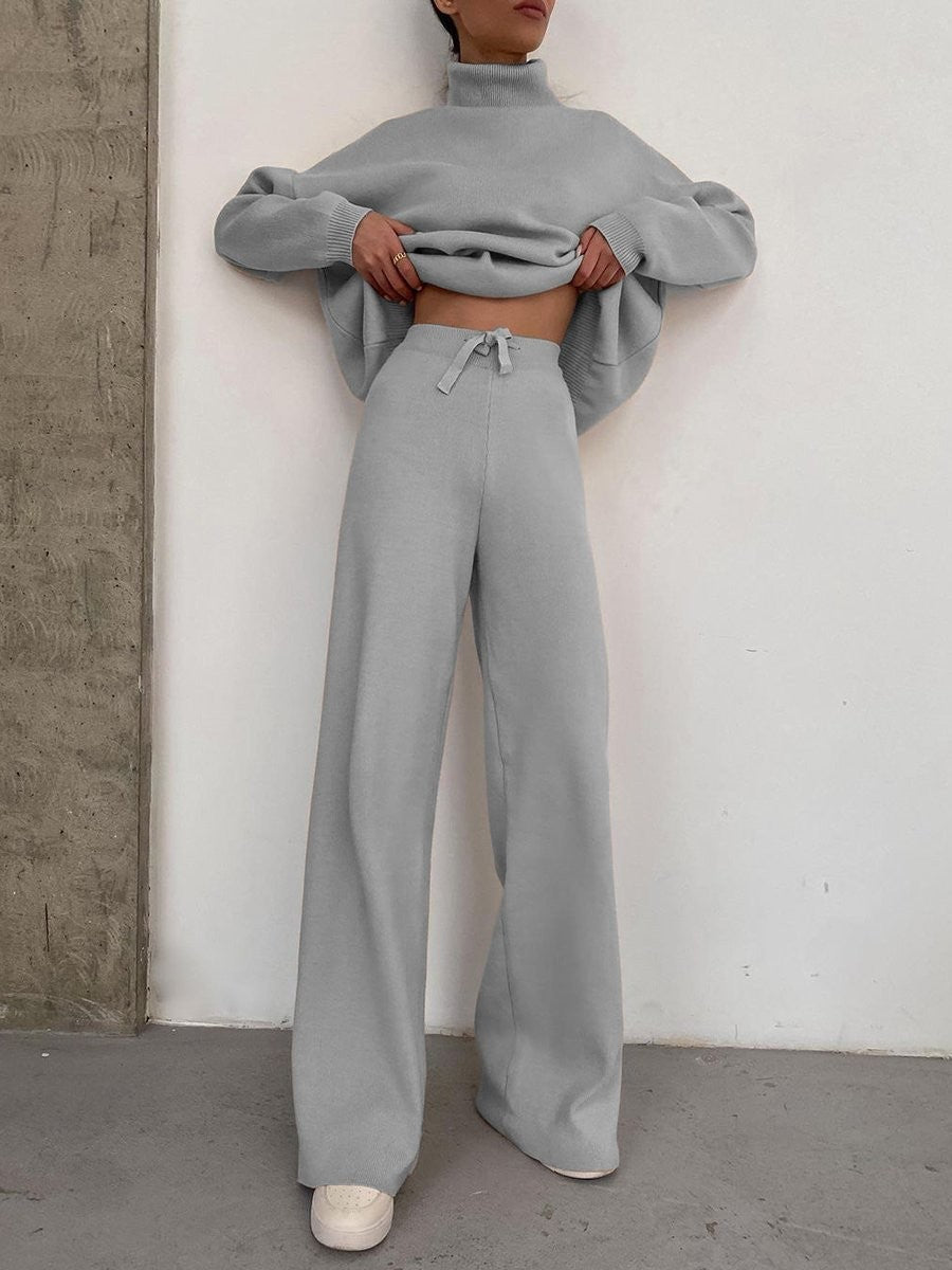 Damen Weite Strickhose mit hoher Taille, Tunnelzug und weitem Bein Nord Taschen