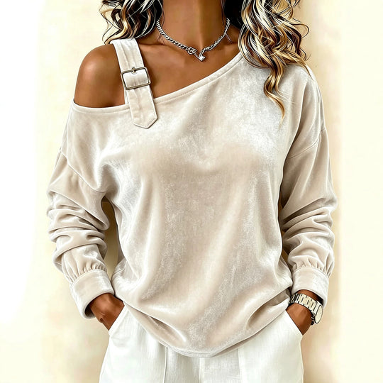 Damen Samt-Sweatshirt mit asymmetrischem Carmen-Ausschnitt und Zierschnalle Nord Taschen