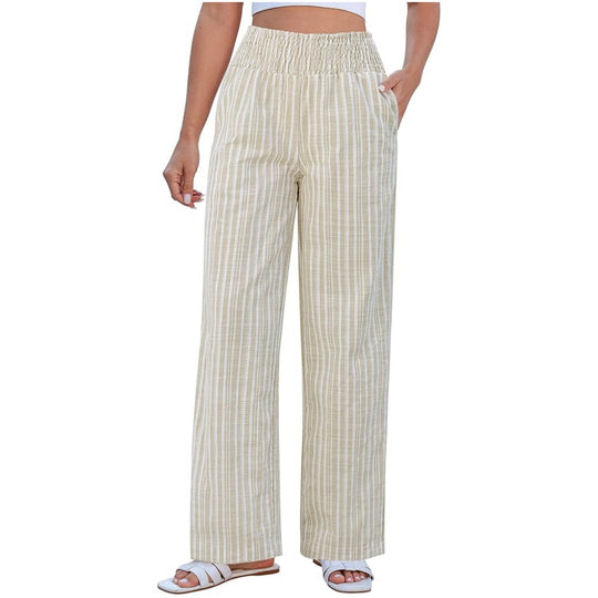 Damen Leichte Leinenoptik Palazzohose mit hohem Smokbund und Eingrifftaschen Nord Taschen