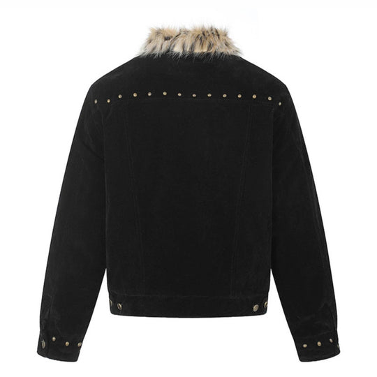 Herren Veloursleder-Truckerjacke mit Kunstfellkragen, Nietenbesatz und Druckknopfverschluss Nord Taschen