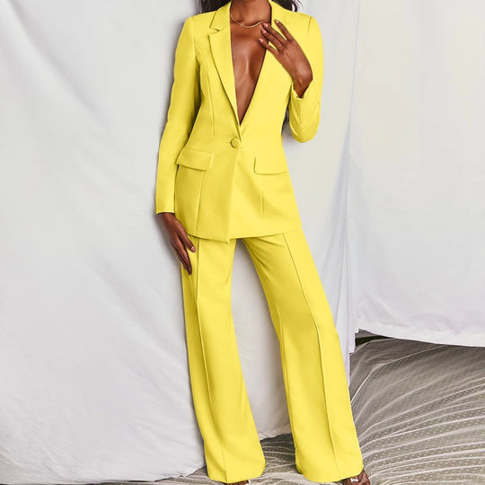 Damen Eleganter Zweiteiliger Anzug mit tailliertem Longblazer und weitem Bügelfalten-Hosenbein Nord Taschen