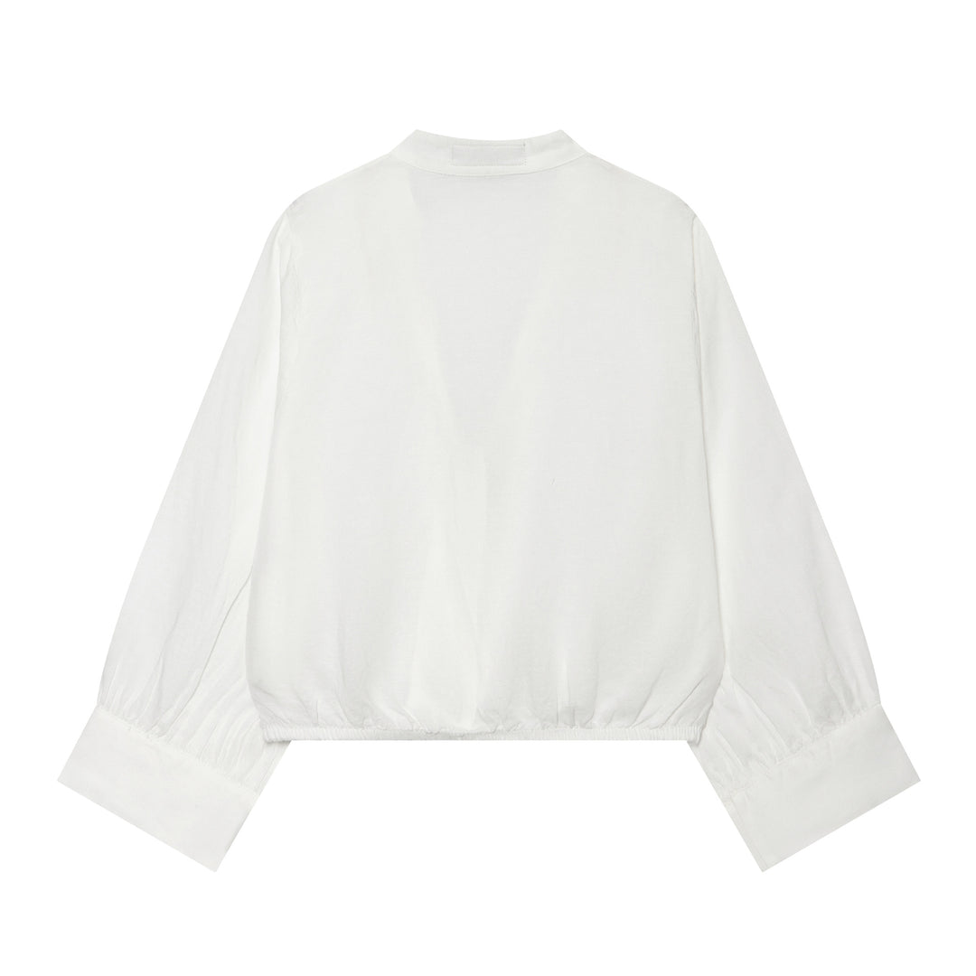 Damen Cropped-Bluse im Tai-Chi-Stil mit Stehkragen, Knotenverschlüssen und Ballonärmeln Nord Taschen
