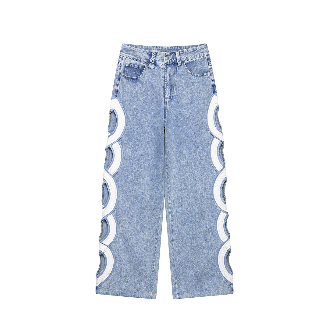 Damen Weite High Waist Jeans mit seitlichen Rundcutouts und Zierborte Nord Taschen