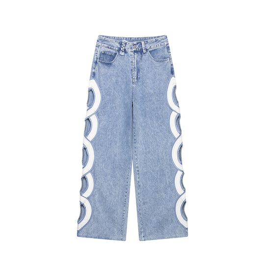 Damen Weite High Waist Jeans mit seitlichen Rundcutouts und Zierborte Nord Taschen