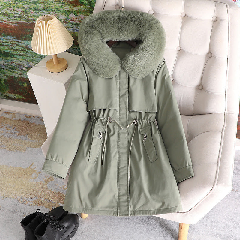 Damen nan mittellanger wasserabweisender Parka mit voluminösem Kunstfellkragen, Taillenzug und multifunktionalen Pattentaschen Nord Taschen