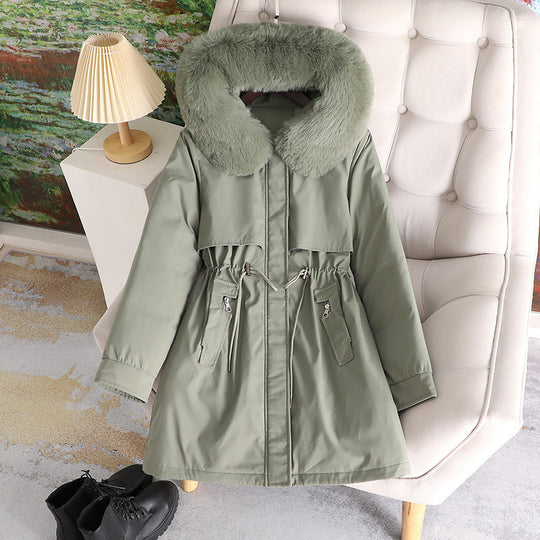 Damen nan mittellanger wasserabweisender Parka mit voluminösem Kunstfellkragen, Taillenzug und multifunktionalen Pattentaschen Nord Taschen
