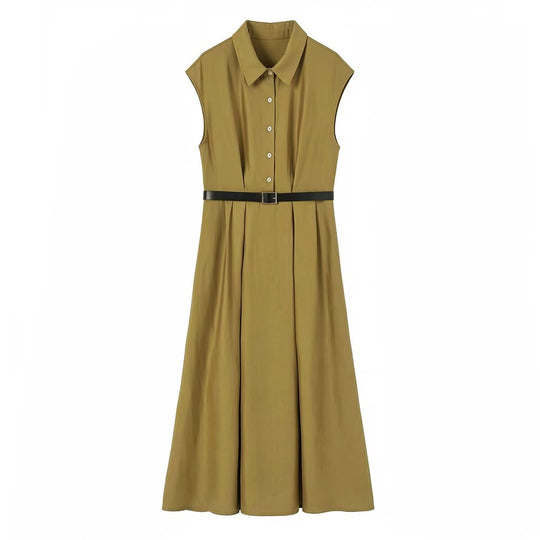 Damen Ärmelloses Hemdblusenkleid mit Taillenfalten und Gürtel Nord Taschen