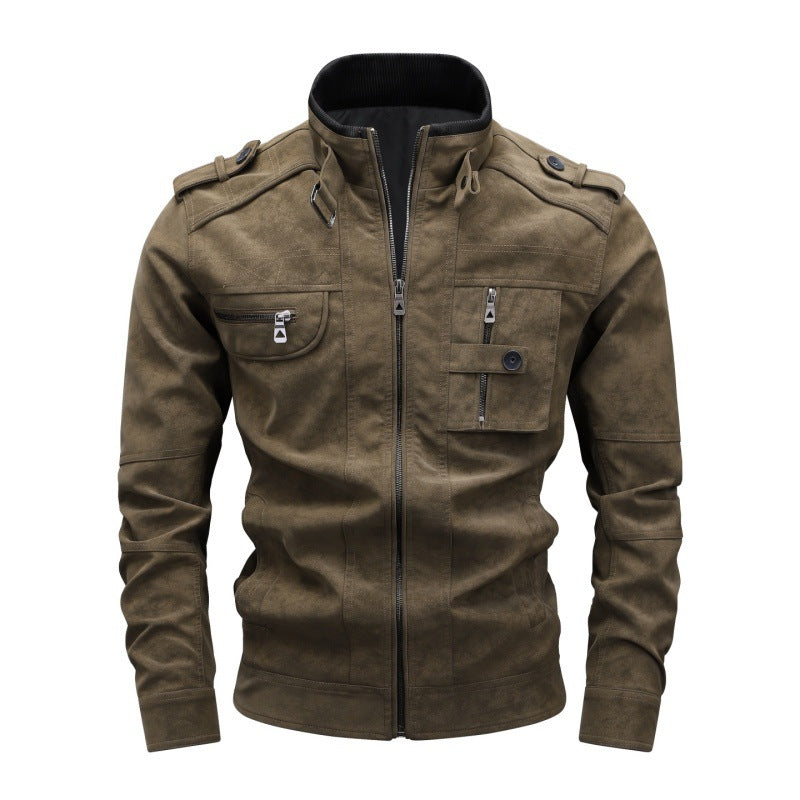 Herren Wildlederoptik-Fieldjacke mit Stehkragen, Schulterklappen und multiplen Reißverschlusstaschen Nord Taschen