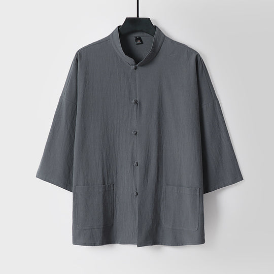 Unisex Locker geschnittene Leinen-Baumwoll Jacke mit Stehkragen Nord Taschen