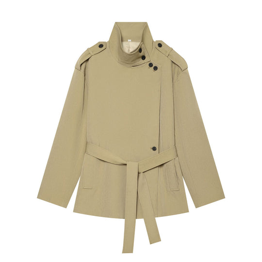 Damen Kurzer taillierter Trench mit hohem Stehkragen und Bindegürtel Nord Taschen