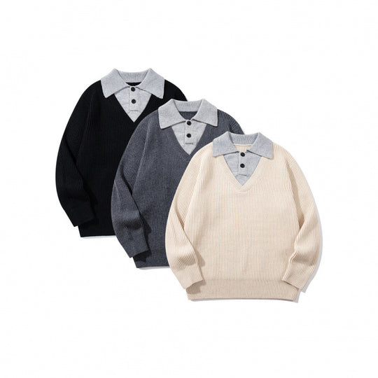 Unisex Grobstrick-Kastenpullover mit V-Ausschnitt und kontrastierendem Polo-Knopfkragen Nord Taschen