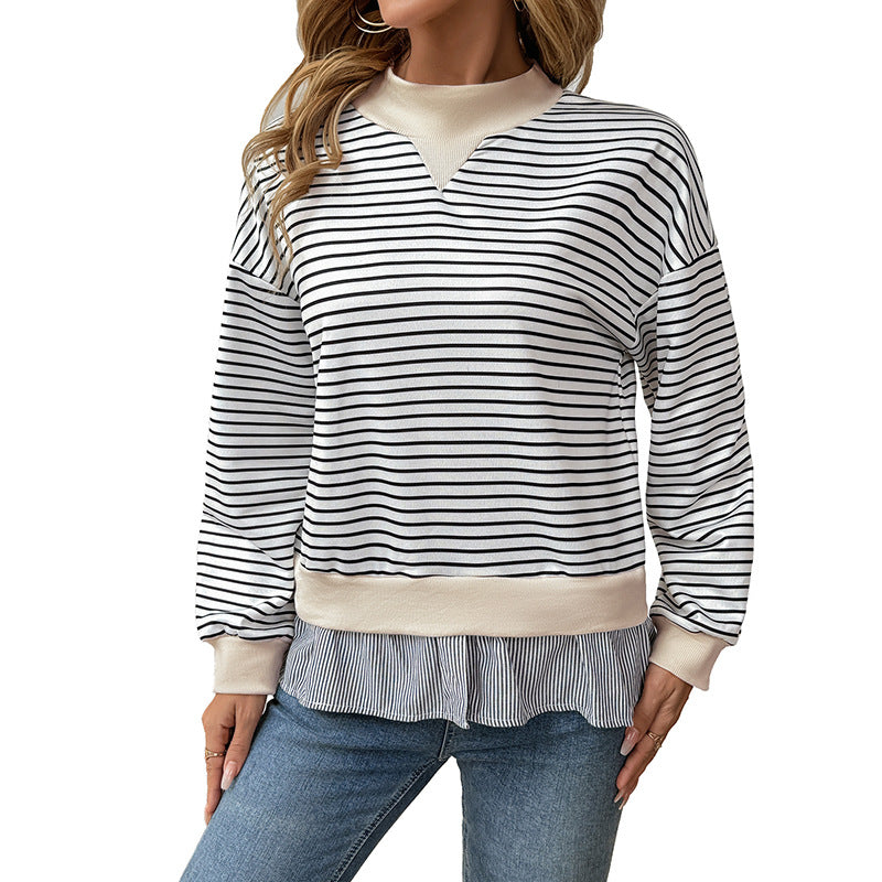 Damen Gestreiftes Layering-Sweatshirt mit Chiffon‑Einsatz und kontrastierendem Stehkragen Nord Taschen